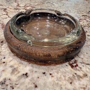 Vintage Rustic Glass Wood Ashtray old antique mid mod organization storage